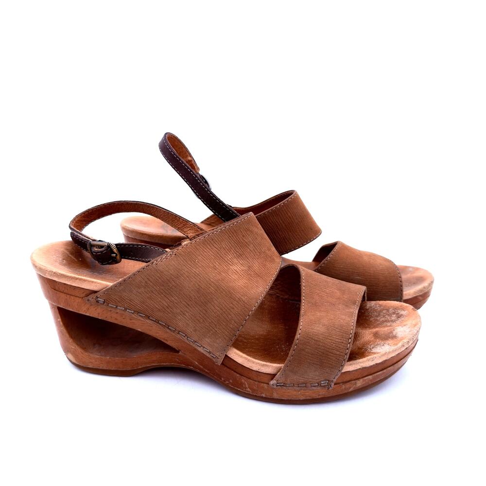 Dansko Women's Leather Tamia Brown Wooden Wedge Heels Size 39 / 9
